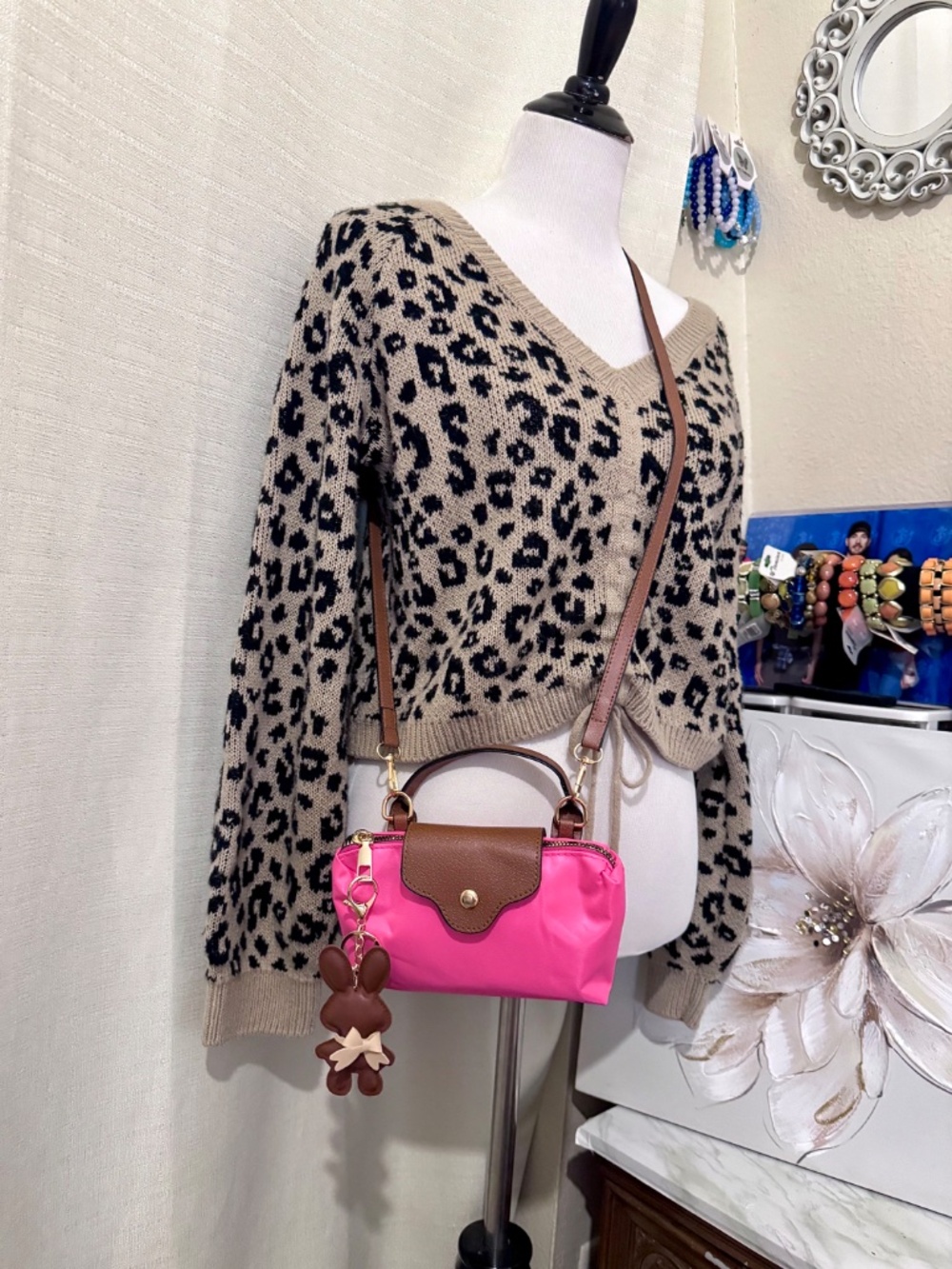 Stella Pink Nylon Mini Crossbody Bag w/ Brown faux Leather Trim & Bunny Charm - Picture 2 of 5